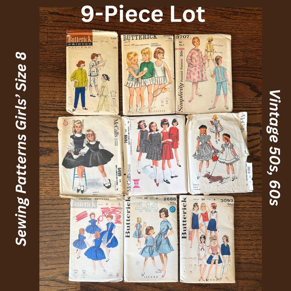 9 Piece Lot Vintage Sewing Patterns 50s 60s Girls Size 8 Cupcake Dress PJS SKirt
